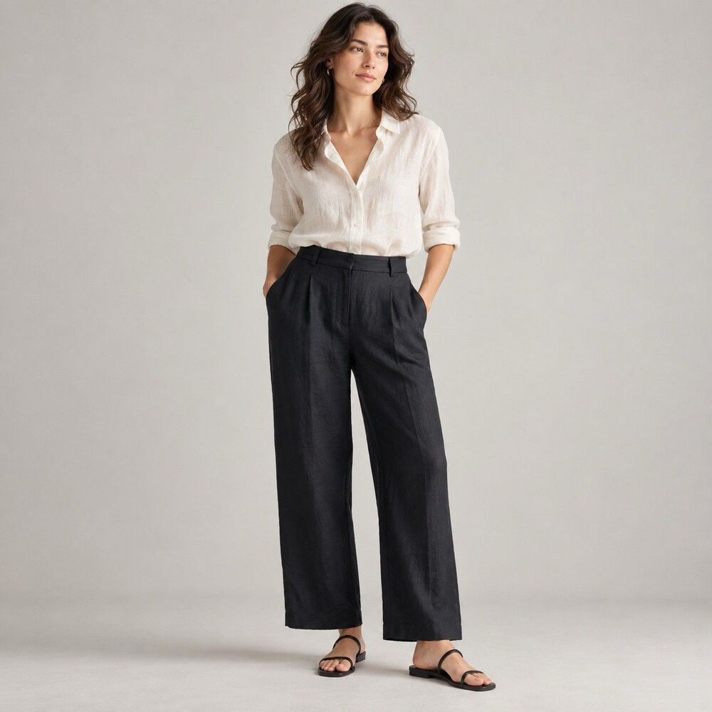 Quince 100% European Linen Pleated Trousers Black Size 14 Wide Leg High Rise